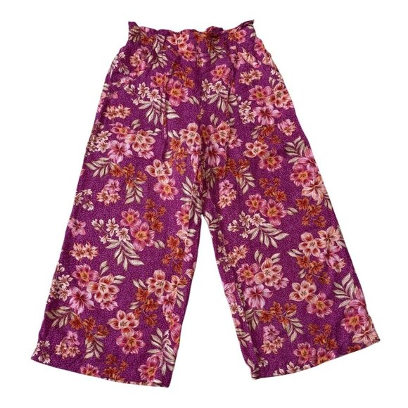 Loft Womens Lily Wide Leg Pants M Linen Blend Purple & Pink Floral Breezy EUC - Picture 1 of 6